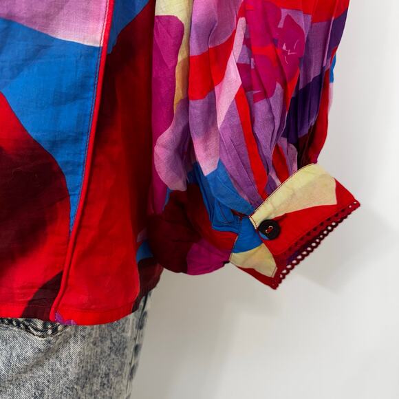 Farm Rio Watercolor Floral 3/4 Balloon Sleeve  Blouse Button-Down Top S - Picture 8 of 10